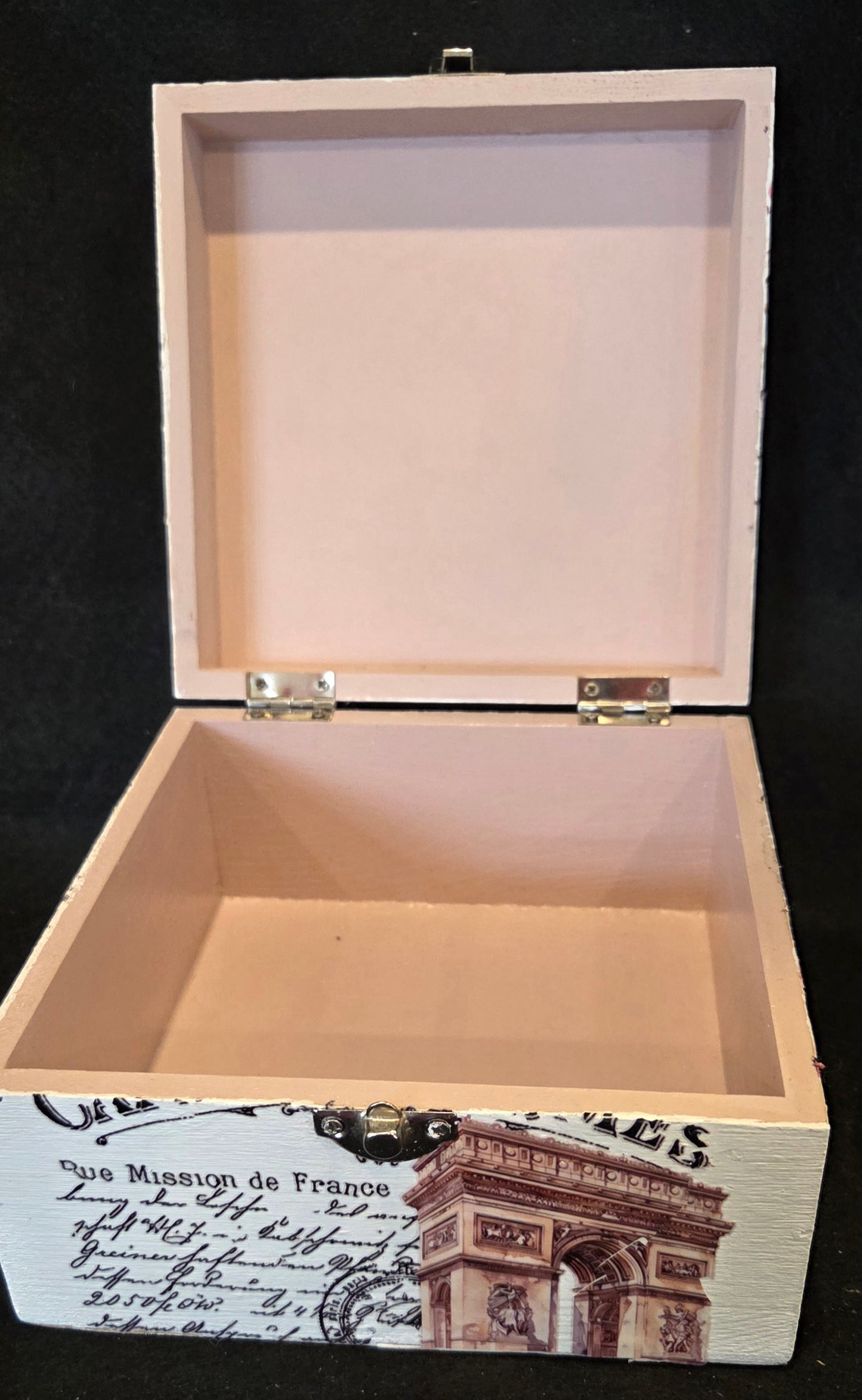 Parisian Themed Square Wooden Box with Clasp.