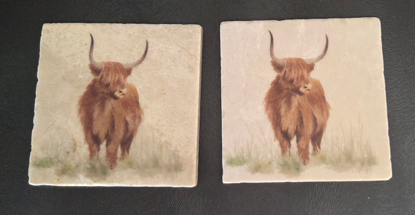 Stone 10cm Highland Cow Coasters. Purchase separately or as a pair